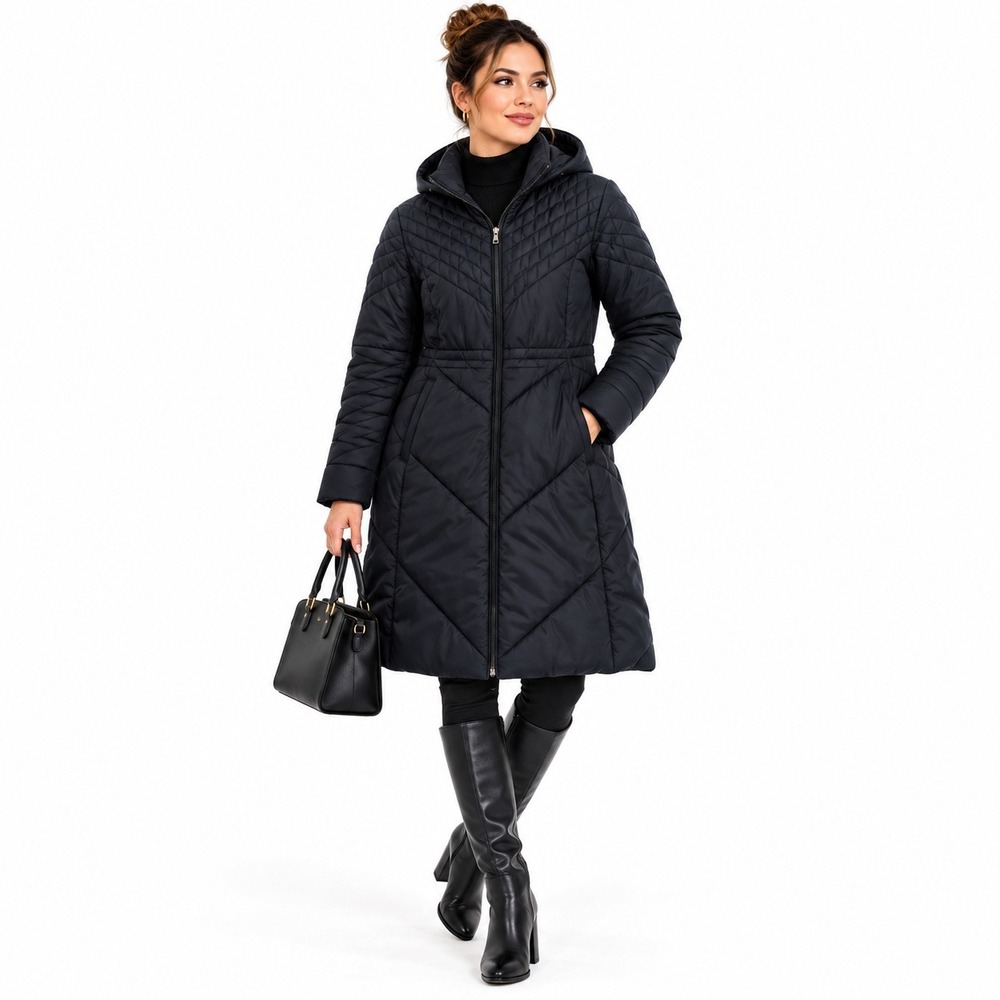 Woolrich Quilted Parka Women Medium Black Chevron Hooded Zip Coat Puffer Jacket